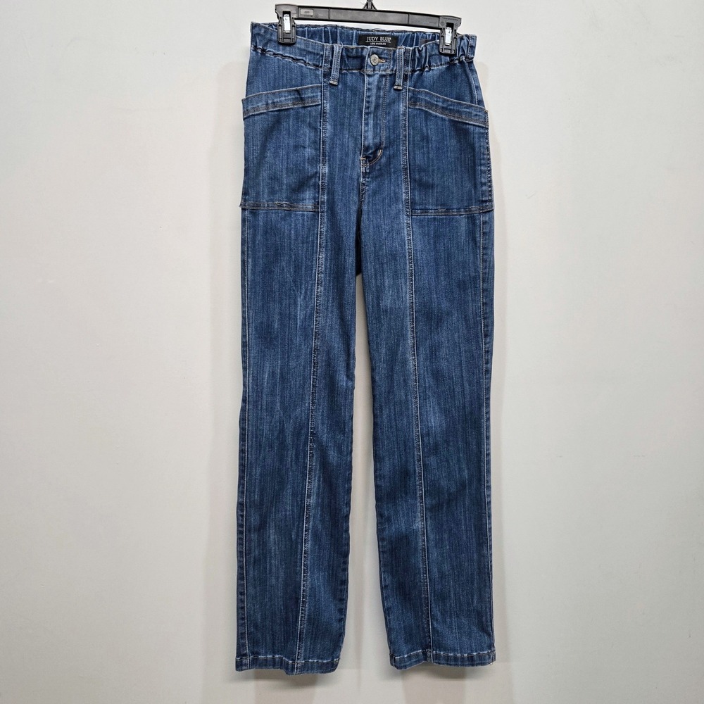 Judy Blue Charleston Straight Jeans 5 27 High Rise Elastic Waist Patch Pockets
